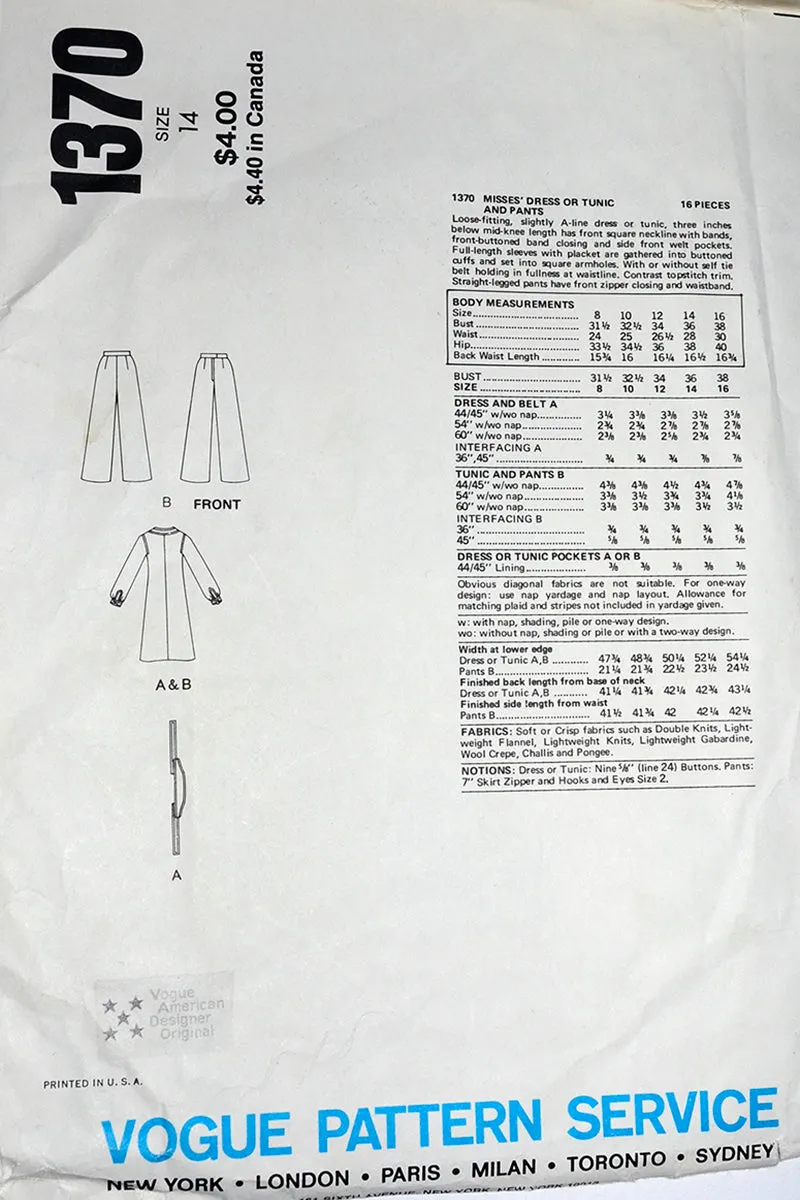 1976 Vogue American Designer Uncut Sewing Pattern Teal Traina 1370