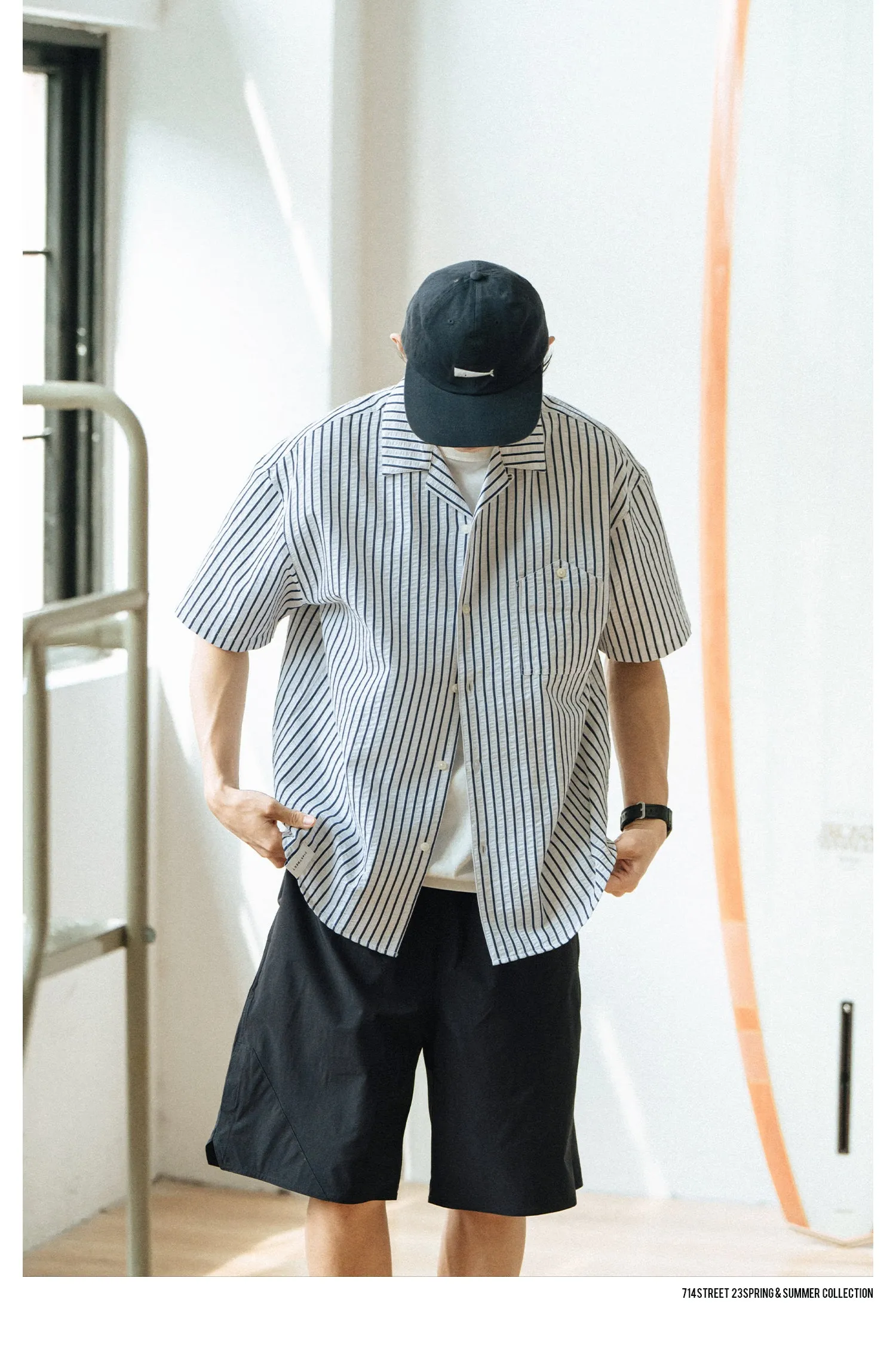 714street オープンカラーストライプシャツ 714ST085