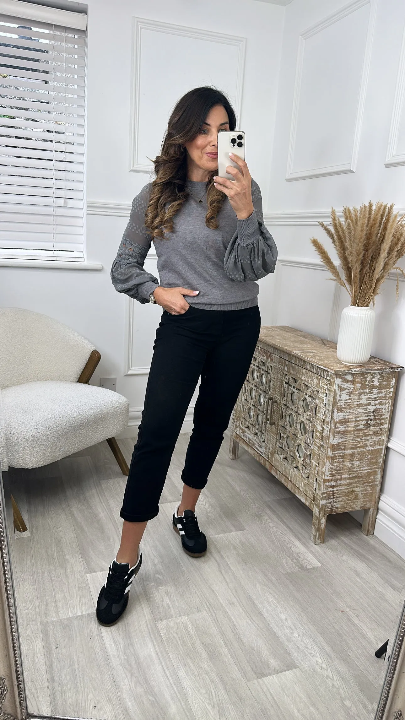 Anima Lace Detail Sheer Puff Sleeve Pullover