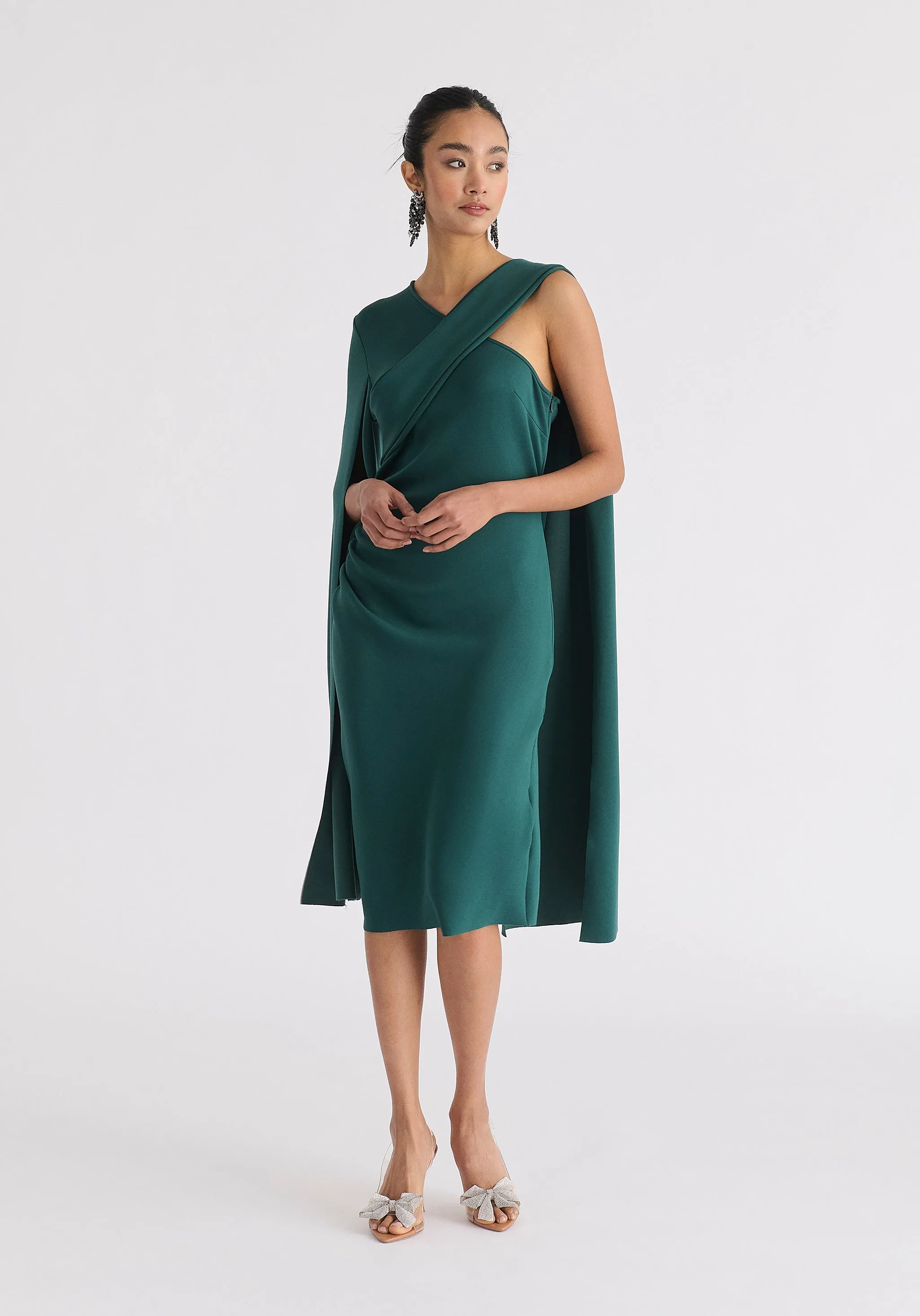 Asymmetric Draped Cape Sleeve Dress