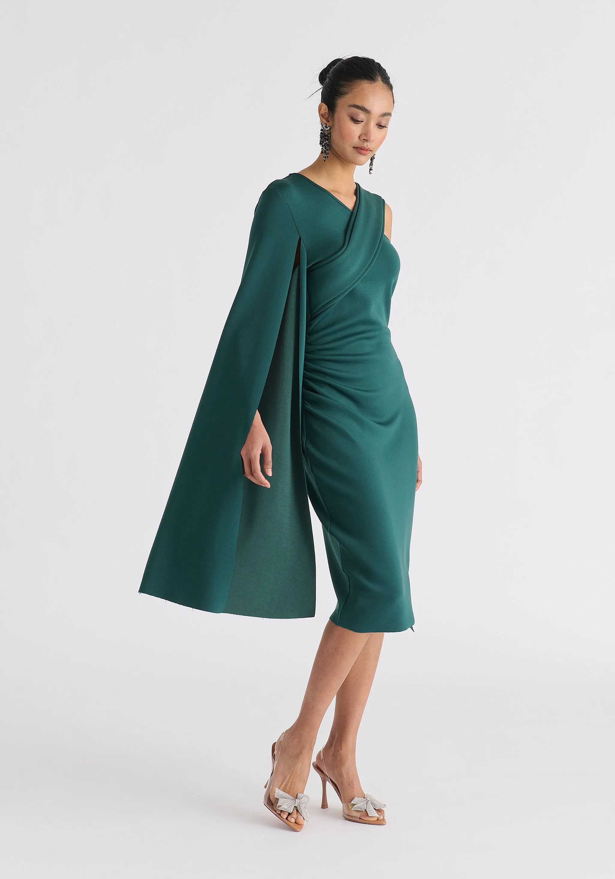 Asymmetric Draped Cape Sleeve Dress