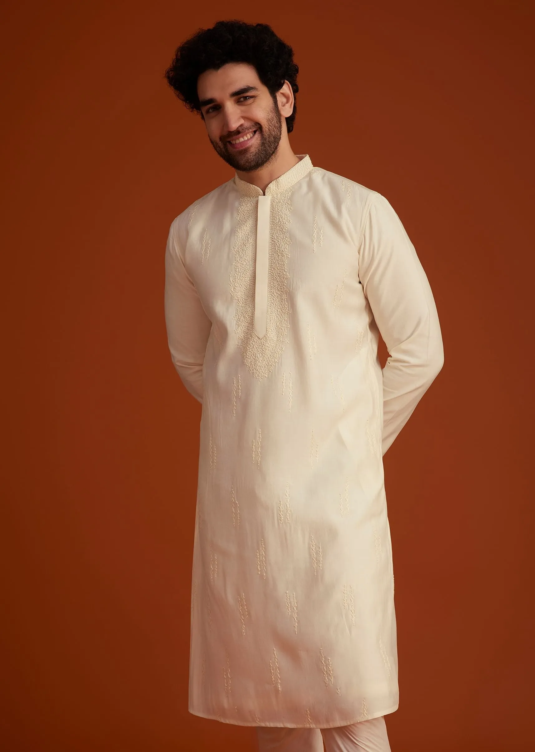 Beige Minimal Embroidered Kurta Pajama Set
