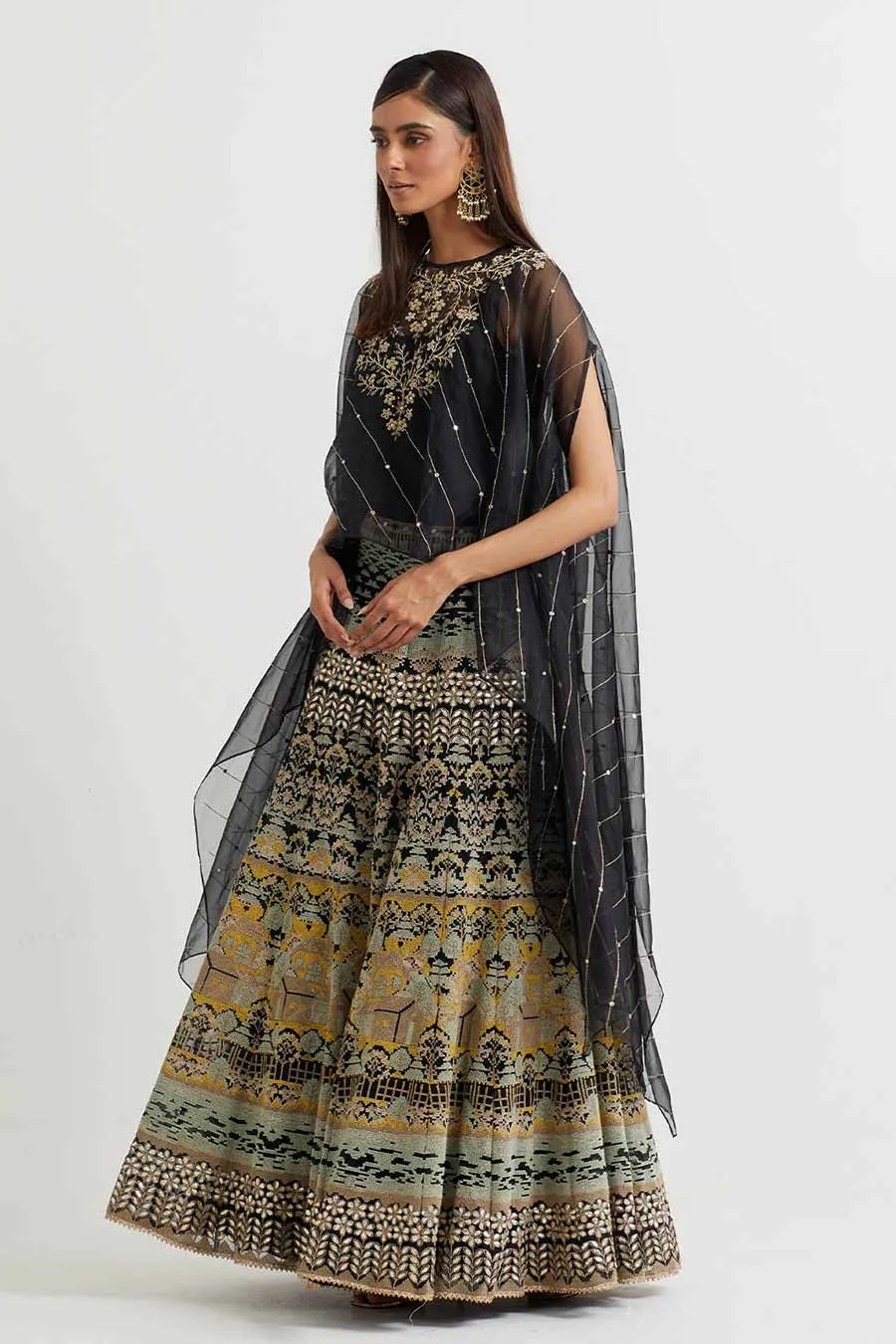 Black Embroidered Cape & Cross Stitch Skirt Set