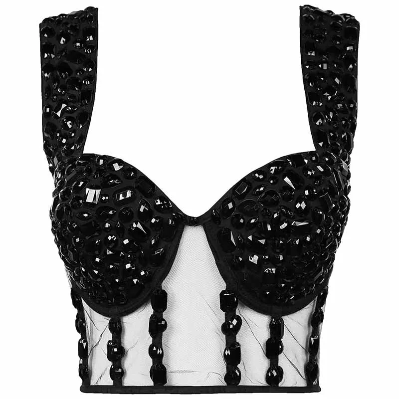 Black Mesh Embellished Beaded Jewelled Bra Crop Top