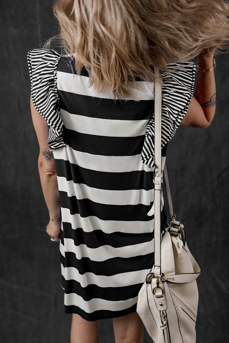 Black Ruffled Stripe T-shirt Dress