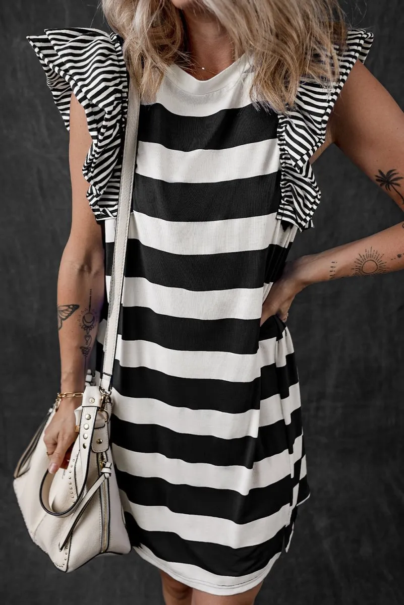 Black Ruffled Stripe T-shirt Dress
