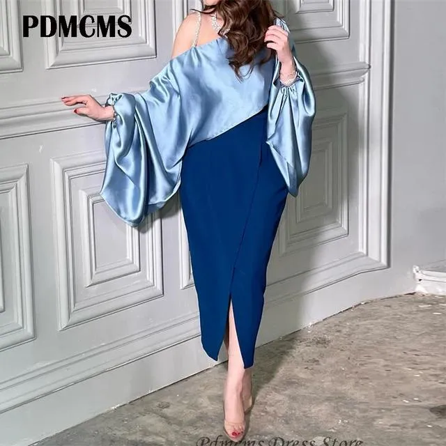 Blue Satin Mermaid Evening Vintage Long Puff Sleeves Dress 070611969