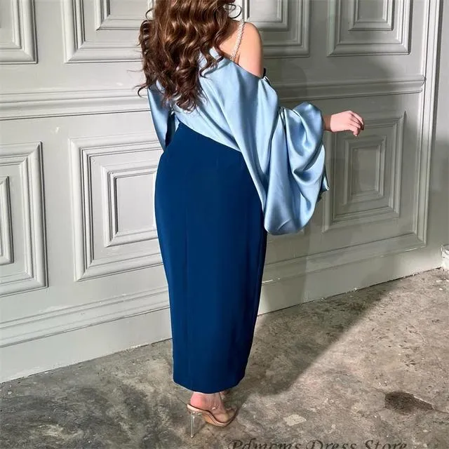 Blue Satin Mermaid Evening Vintage Long Puff Sleeves Dress 070611969