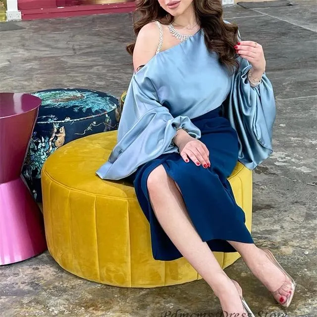 Blue Satin Mermaid Evening Vintage Long Puff Sleeves Dress 070611969