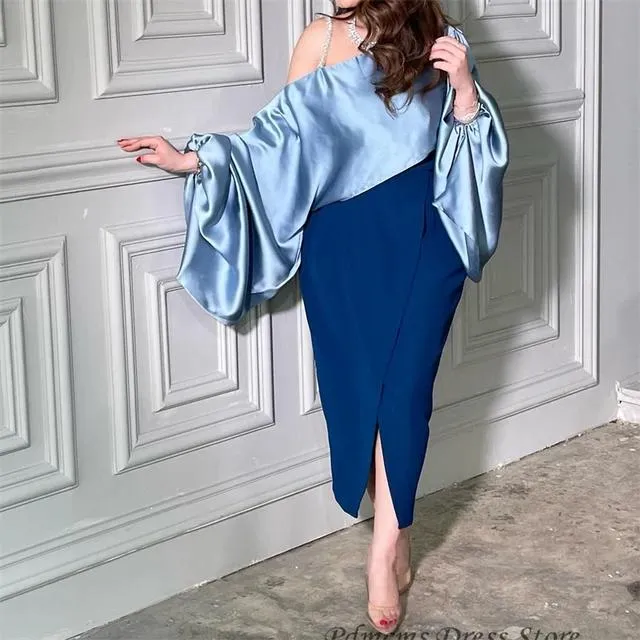 Blue Satin Mermaid Evening Vintage Long Puff Sleeves Dress 070611969