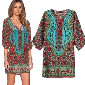 Bohemian Print Kaftan Mini Dress
