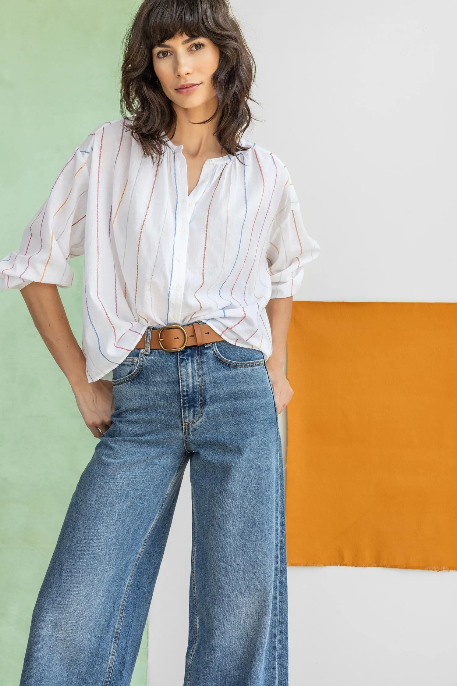 Bracelet Sleeve Shirred Blouse | Multi Stripe