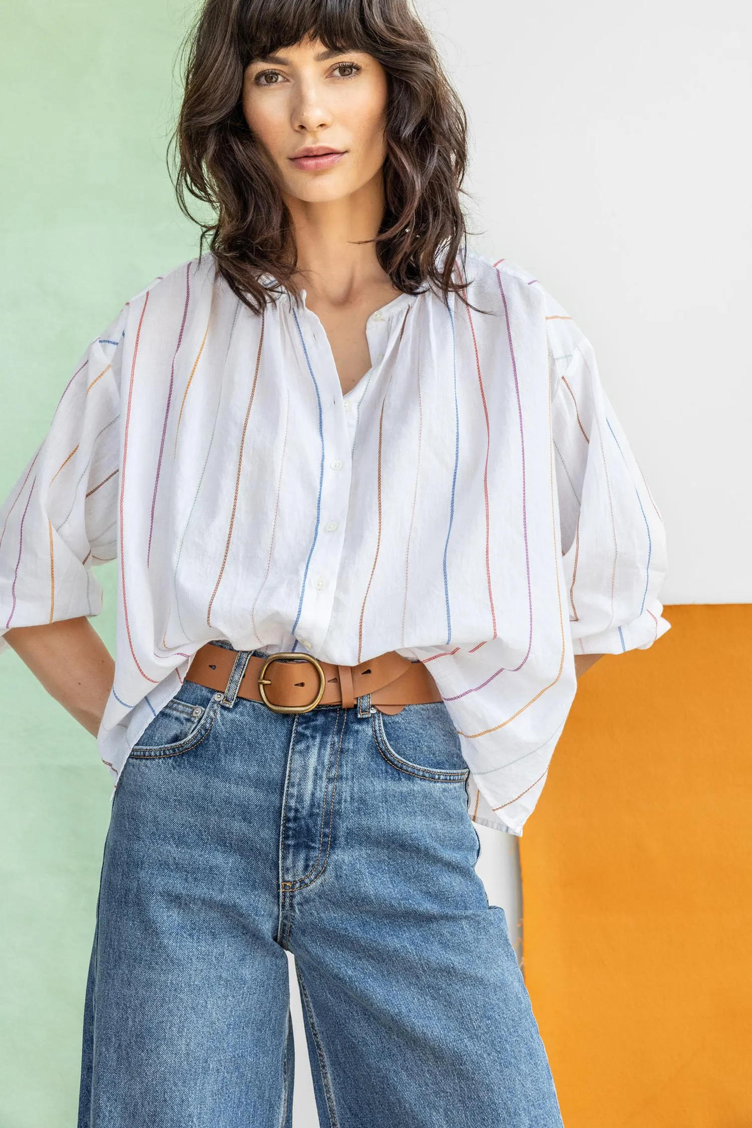 Bracelet Sleeve Shirred Blouse | Multi Stripe