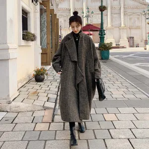 Brown Houndstooth Maxi Wool Coat with Long Sleeves for Women