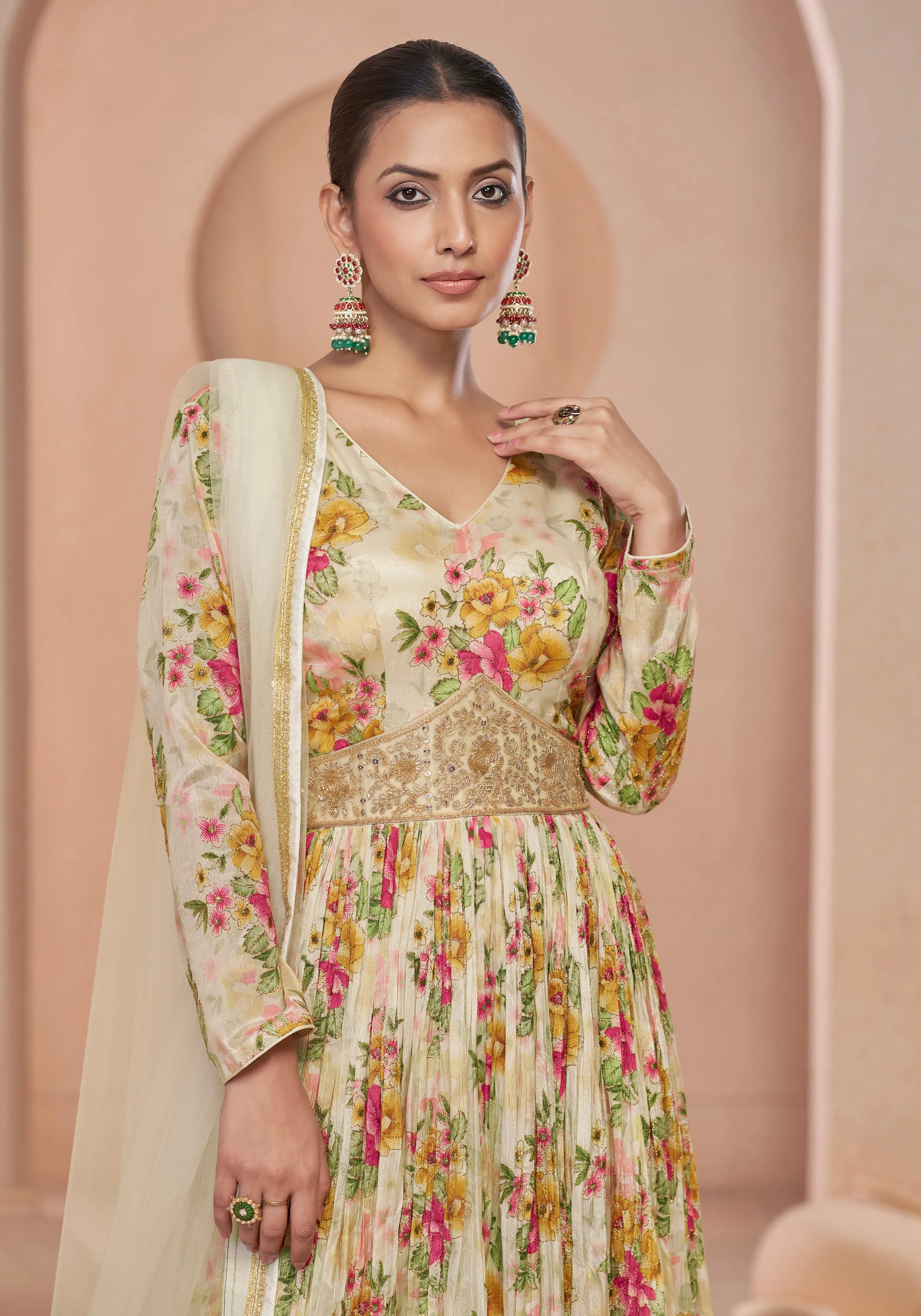 Cream Floral Handwork Anarkali Suit with Net Dupatta