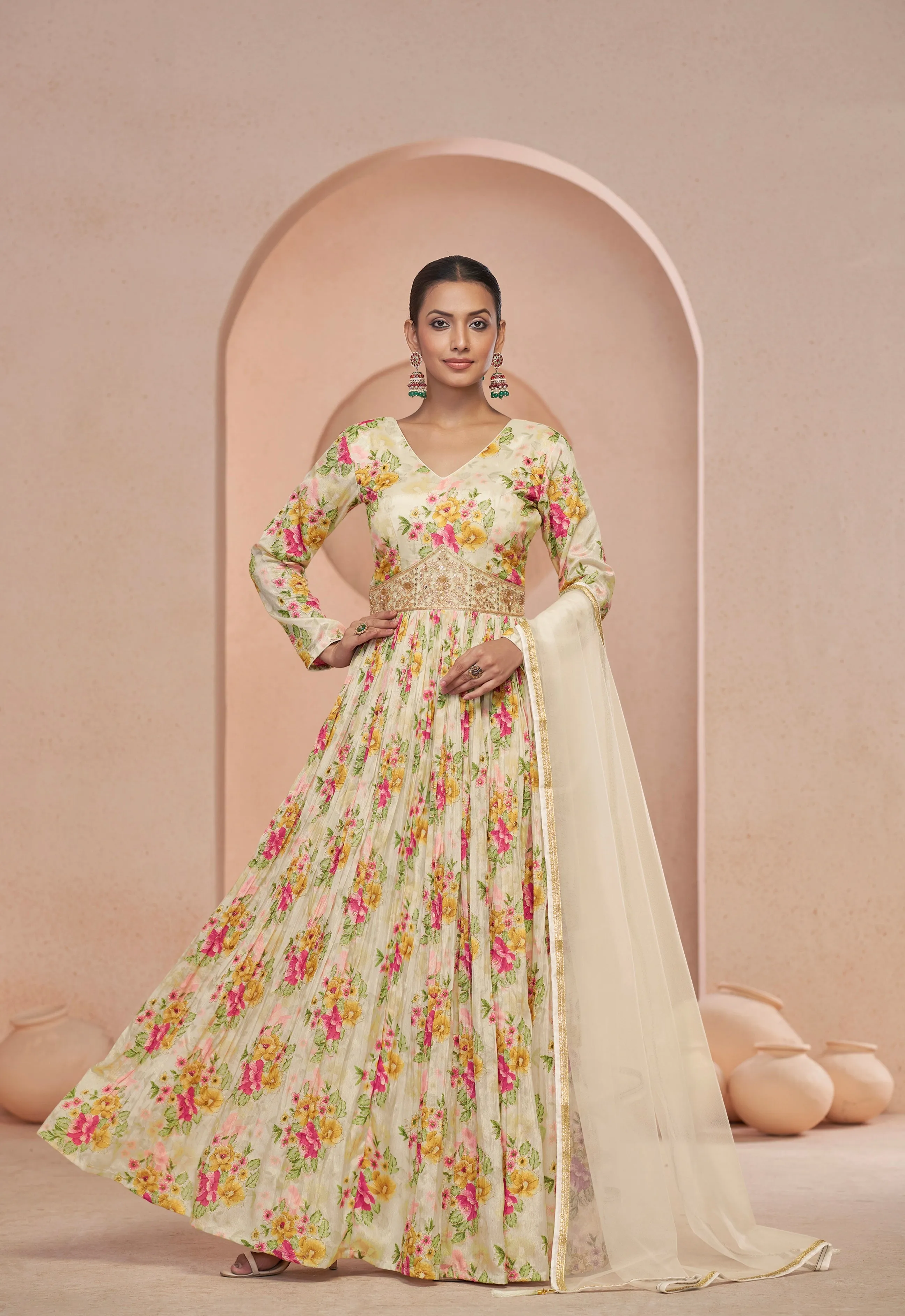 Cream Floral Handwork Anarkali Suit with Net Dupatta