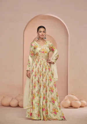 Cream Floral Handwork Anarkali Suit with Net Dupatta