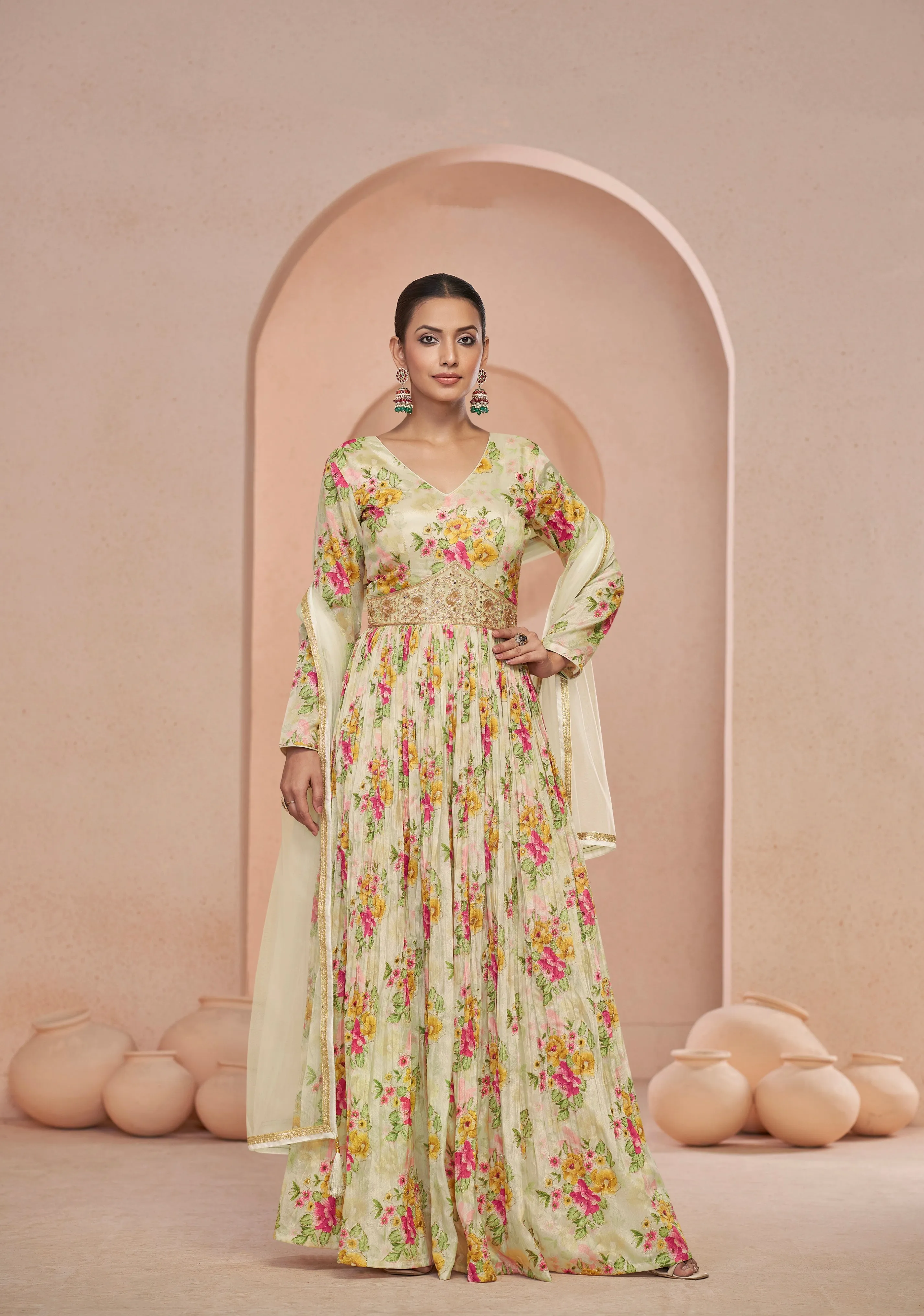 Cream Floral Handwork Anarkali Suit with Net Dupatta