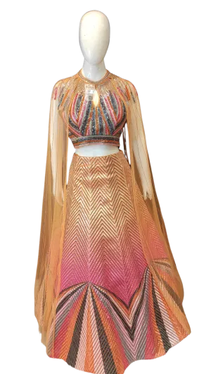 Designer Lehenga Choli and Cape with Leather Strip Work