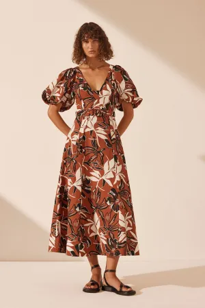 EMMA LINEN SHORT SLEEVE PANELLED MIDI DRESS