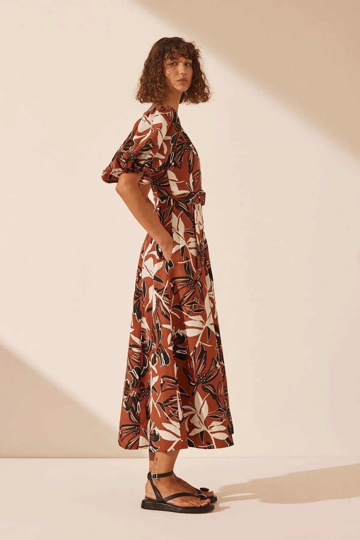 EMMA LINEN SHORT SLEEVE PANELLED MIDI DRESS