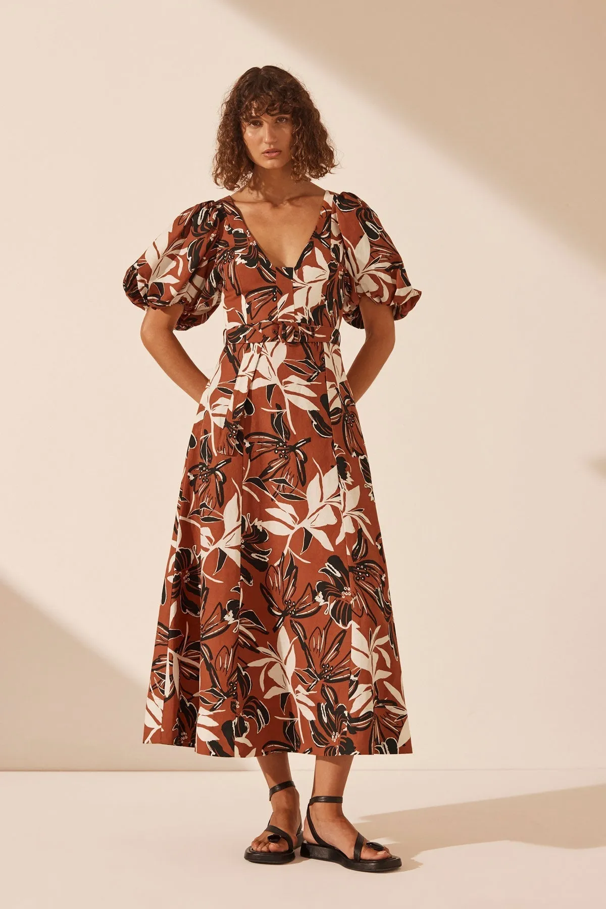 EMMA LINEN SHORT SLEEVE PANELLED MIDI DRESS