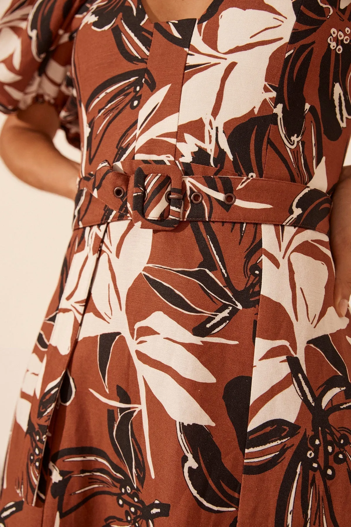 EMMA LINEN SHORT SLEEVE PANELLED MIDI DRESS