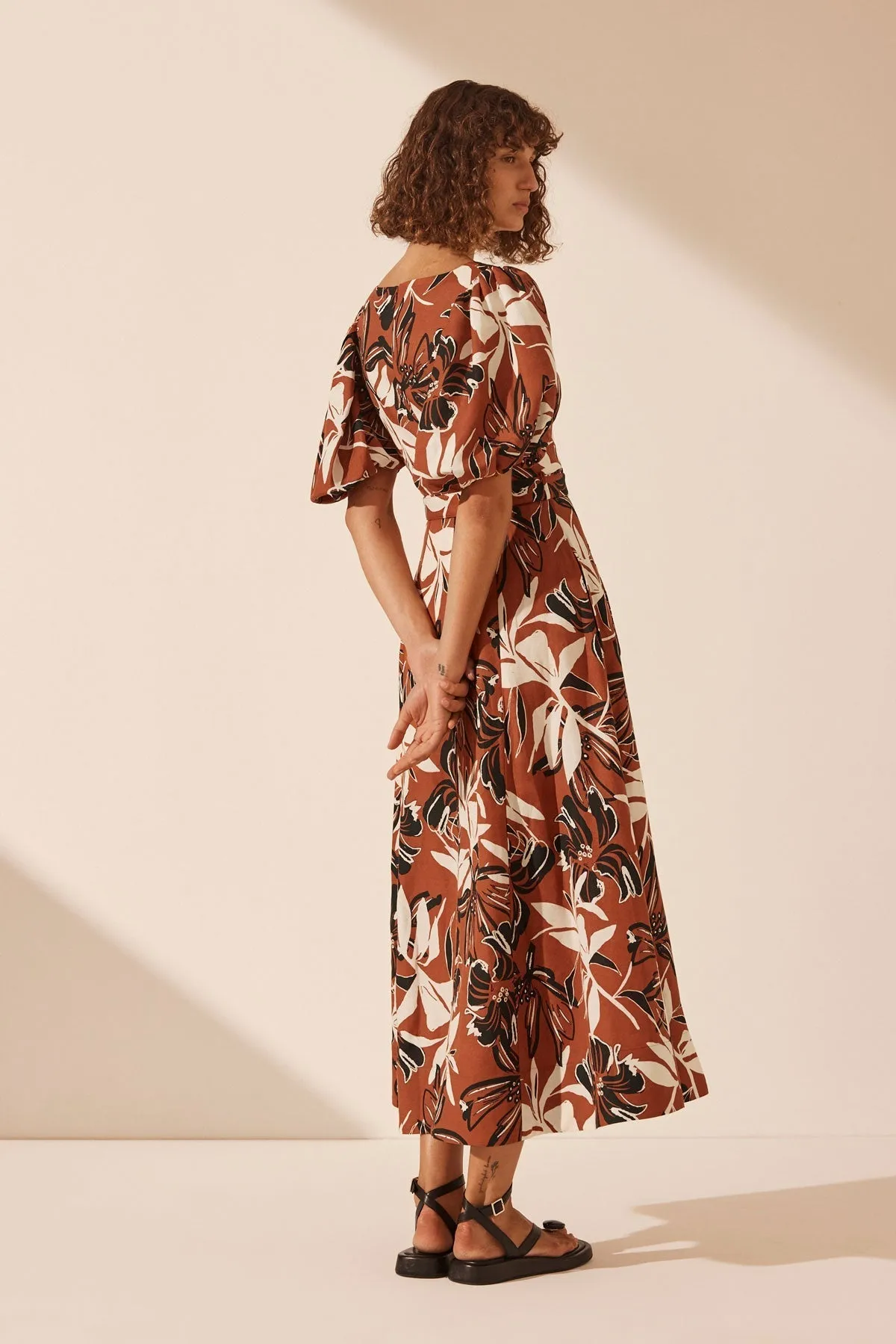 EMMA LINEN SHORT SLEEVE PANELLED MIDI DRESS