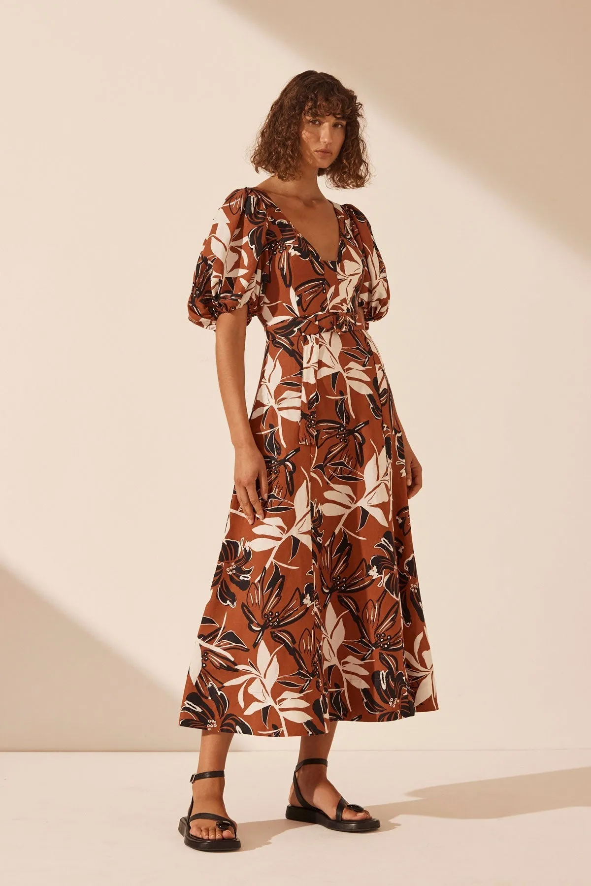 EMMA LINEN SHORT SLEEVE PANELLED MIDI DRESS