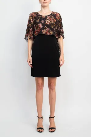 Glamour Nights Scoop Neck Floral Print Cape Short Sleeve ITY Dress