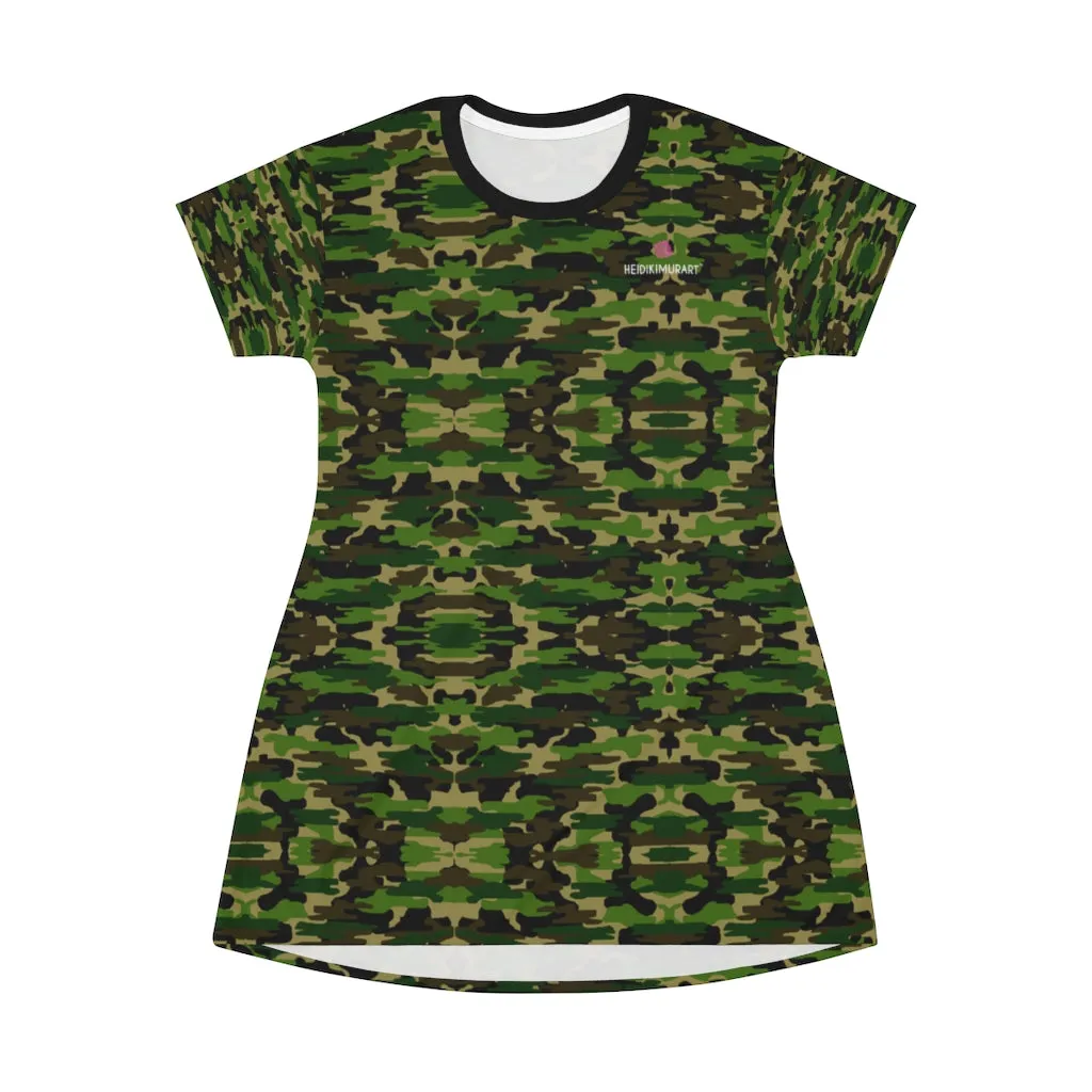 Green Camo Print T-Shirt Dress, Military Army Camo Print Women's Tee Shirt Dress -Made in USA