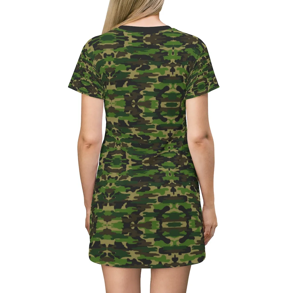 Green Camo Print T-Shirt Dress, Military Army Camo Print Women's Tee Shirt Dress -Made in USA