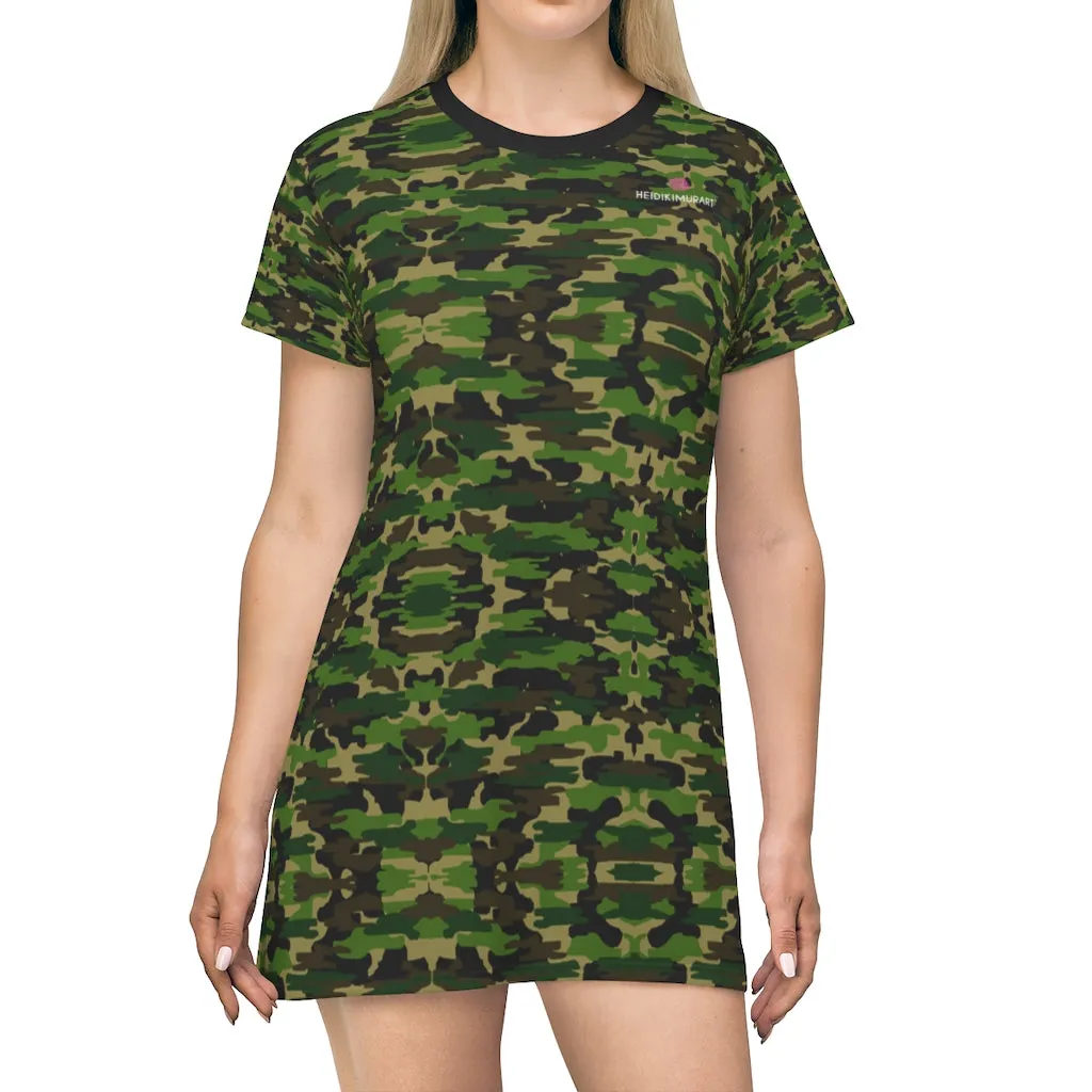 Green Camo Print T-Shirt Dress, Military Army Camo Print Women's Tee Shirt Dress -Made in USA