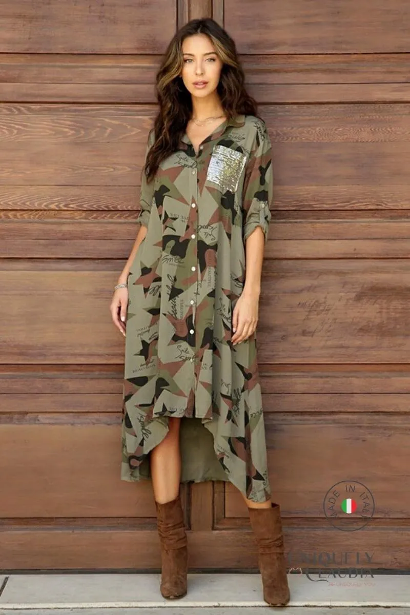 Izabella Embellished Camouflaged Midi Shirt Dress