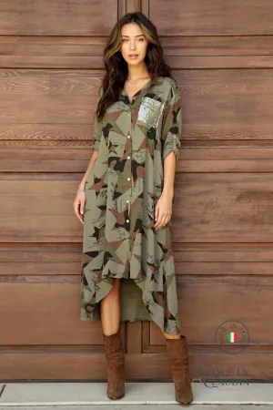 Izabella Embellished Camouflaged Midi Shirt Dress