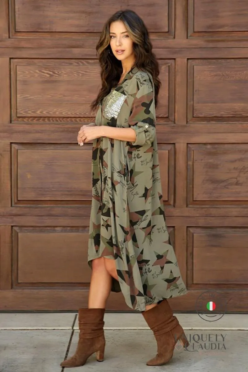 Izabella Embellished Camouflaged Midi Shirt Dress