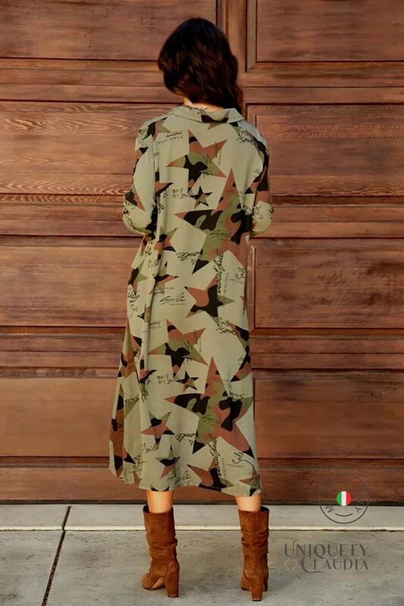 Izabella Embellished Camouflaged Midi Shirt Dress