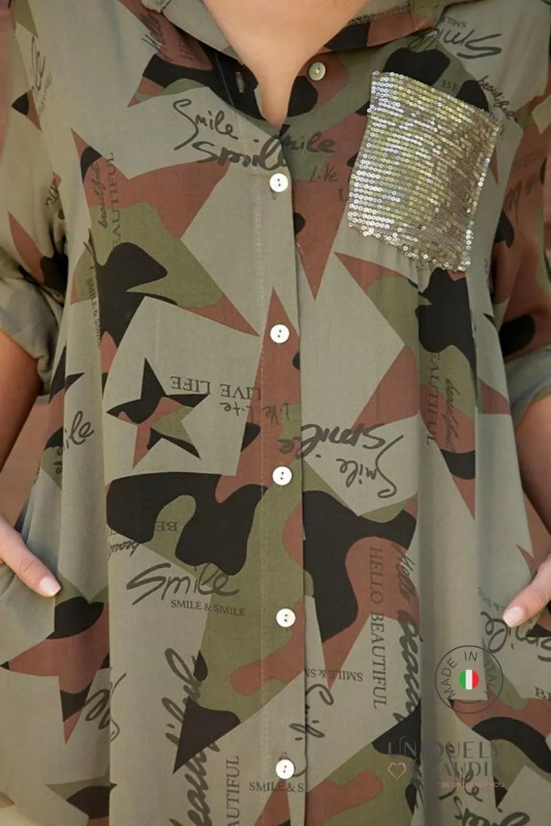 Izabella Embellished Camouflaged Midi Shirt Dress