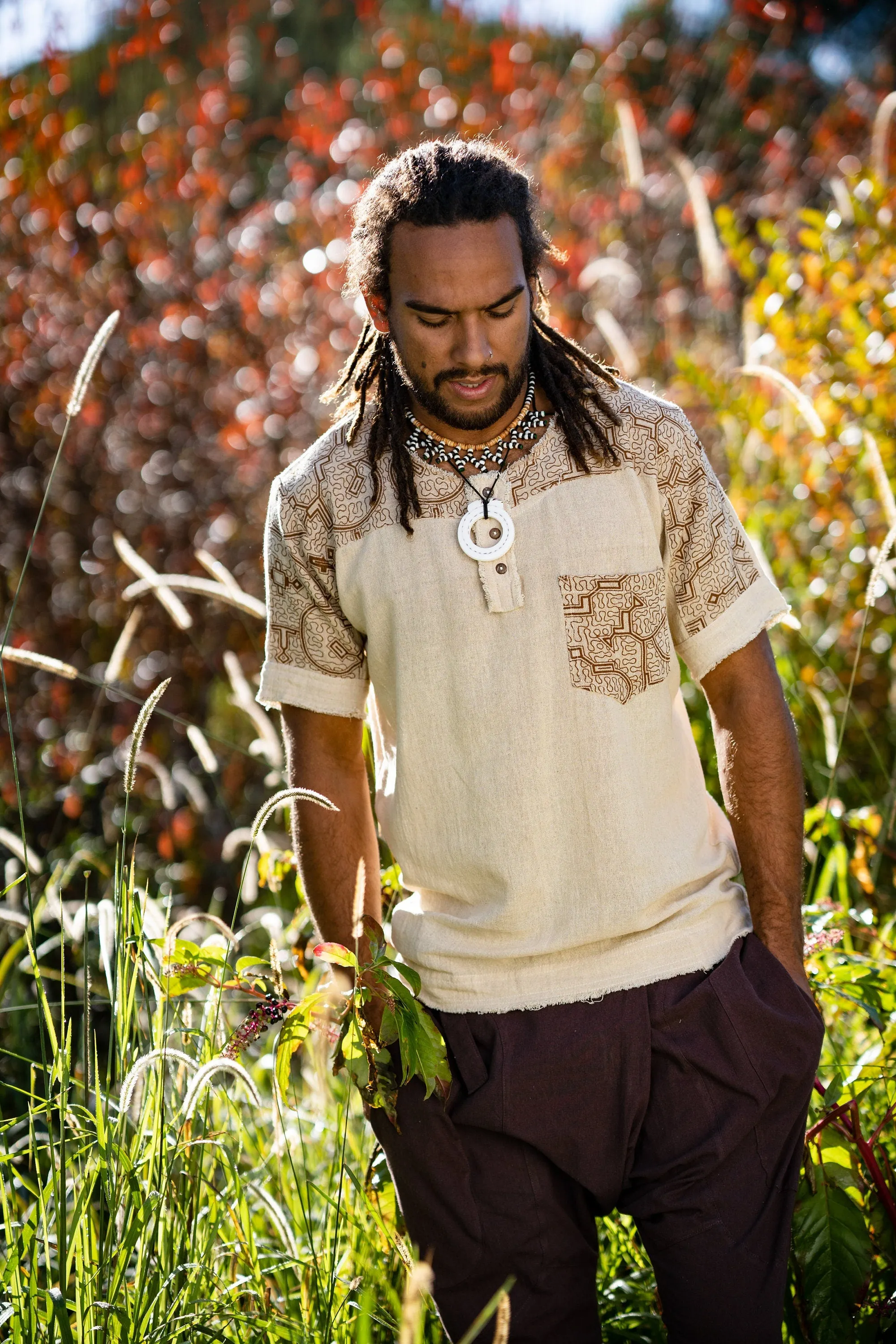 Mens ASURA Top Beige Brown Sacred Plant Shipibo Pattern Pocket T Shirt Shamanic Neo Tribal Gypsy Ritual Shaman Ethnic Handmade AJJAYA