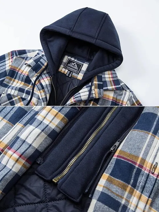 Men's Yellow Flannel Shirt Lumberjack Jacket with Removable Hood