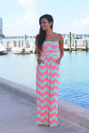 Neon Pink And Aqua Chevron Maxi Dress With Pockets