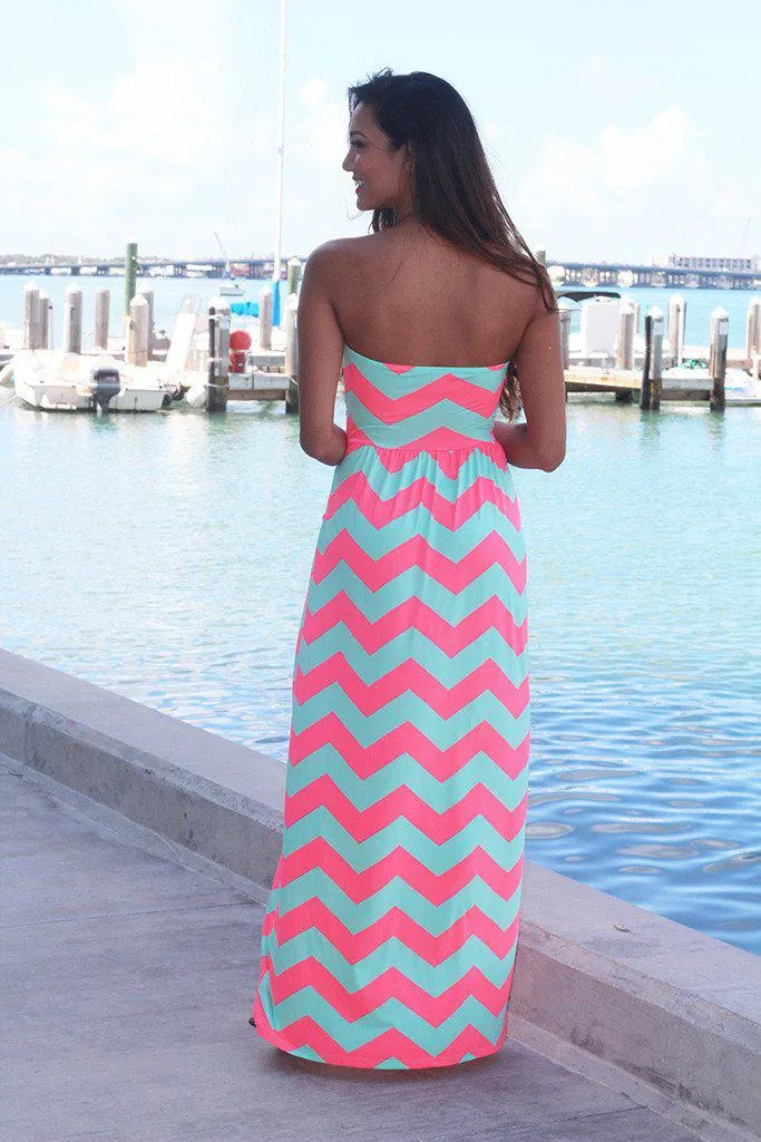 Neon Pink And Aqua Chevron Maxi Dress With Pockets