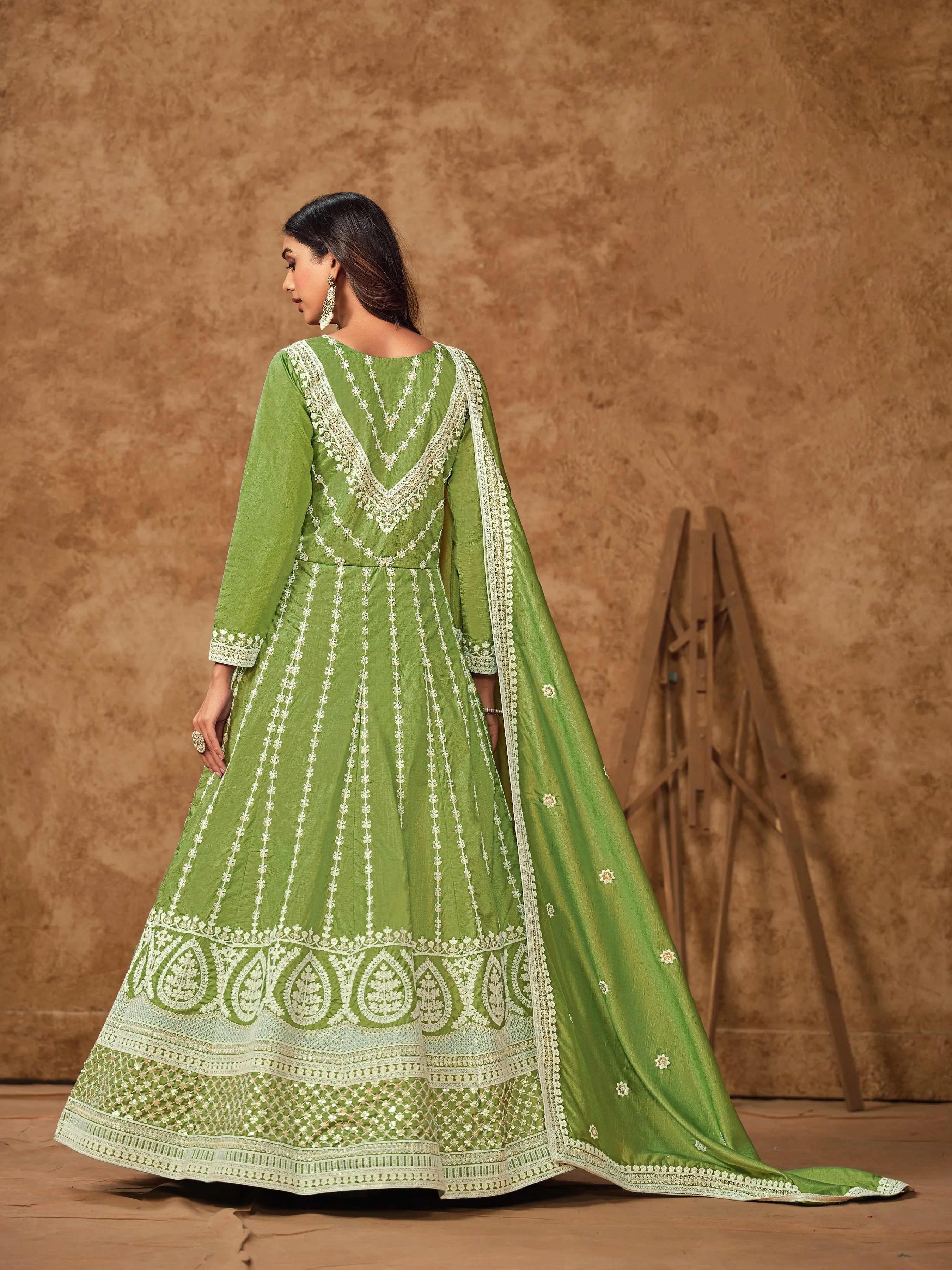 Olive Green Colour Pure Soft Dolla Silk Long Floor Length Embroidered Work Readymade Gown