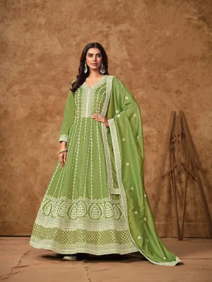 Olive Green Colour Pure Soft Dolla Silk Long Floor Length Embroidered Work Readymade Gown