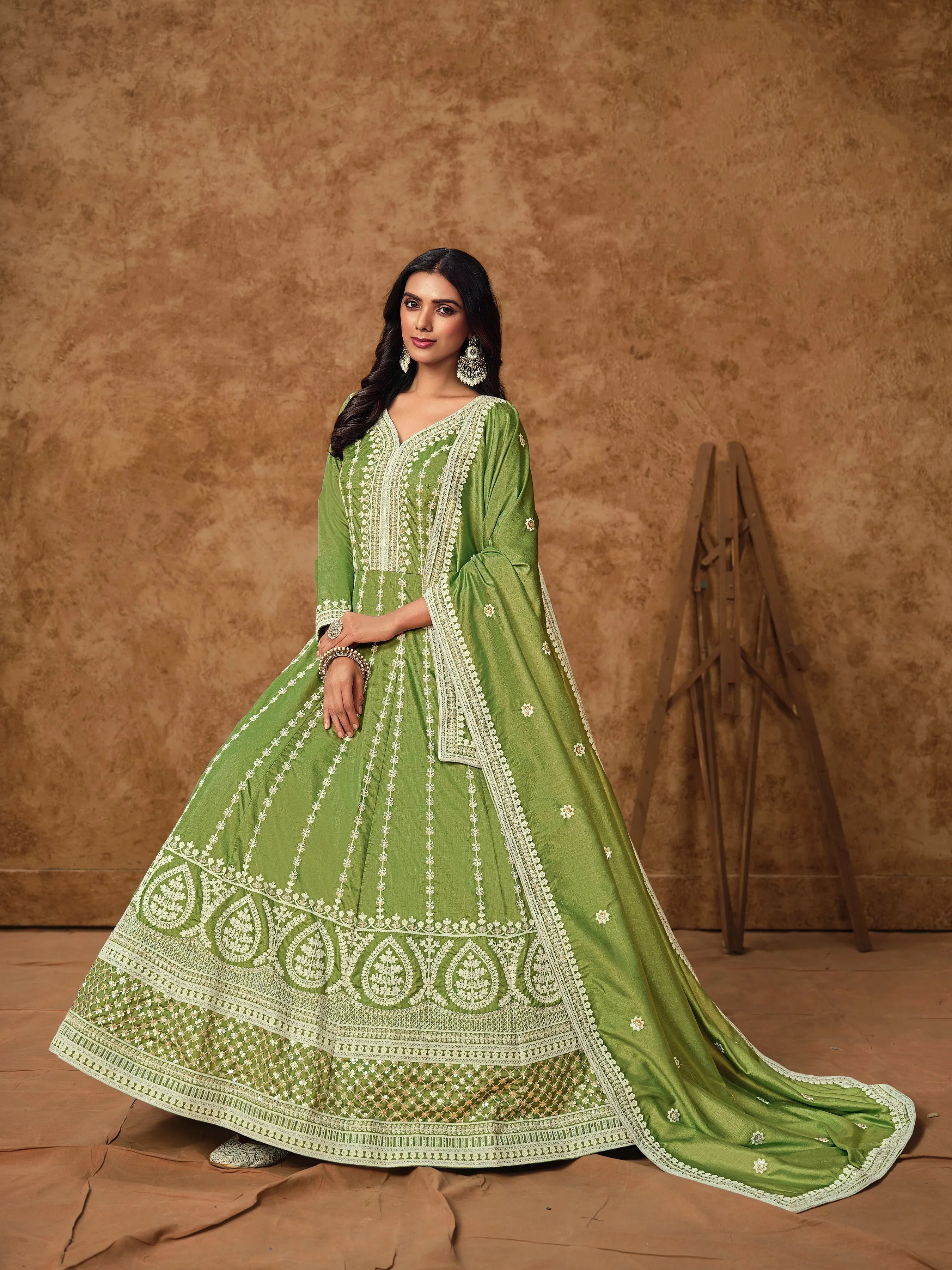 Olive Green Colour Pure Soft Dolla Silk Long Floor Length Embroidered Work Readymade Gown