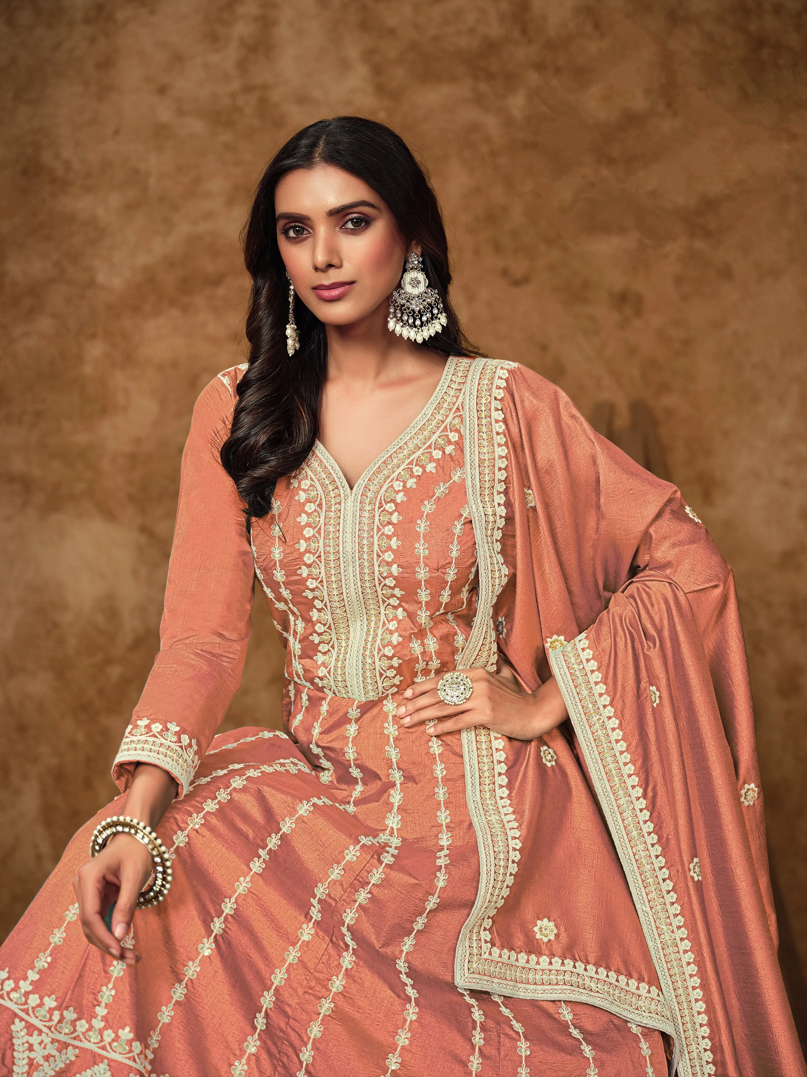 Peach Colour Pure Soft Dolla Silk Long Floor Length Embroidered Work Readymade Gown