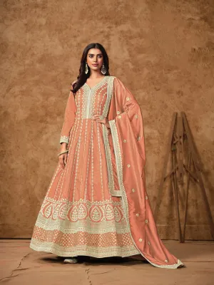Peach Colour Pure Soft Dolla Silk Long Floor Length Embroidered Work Readymade Gown