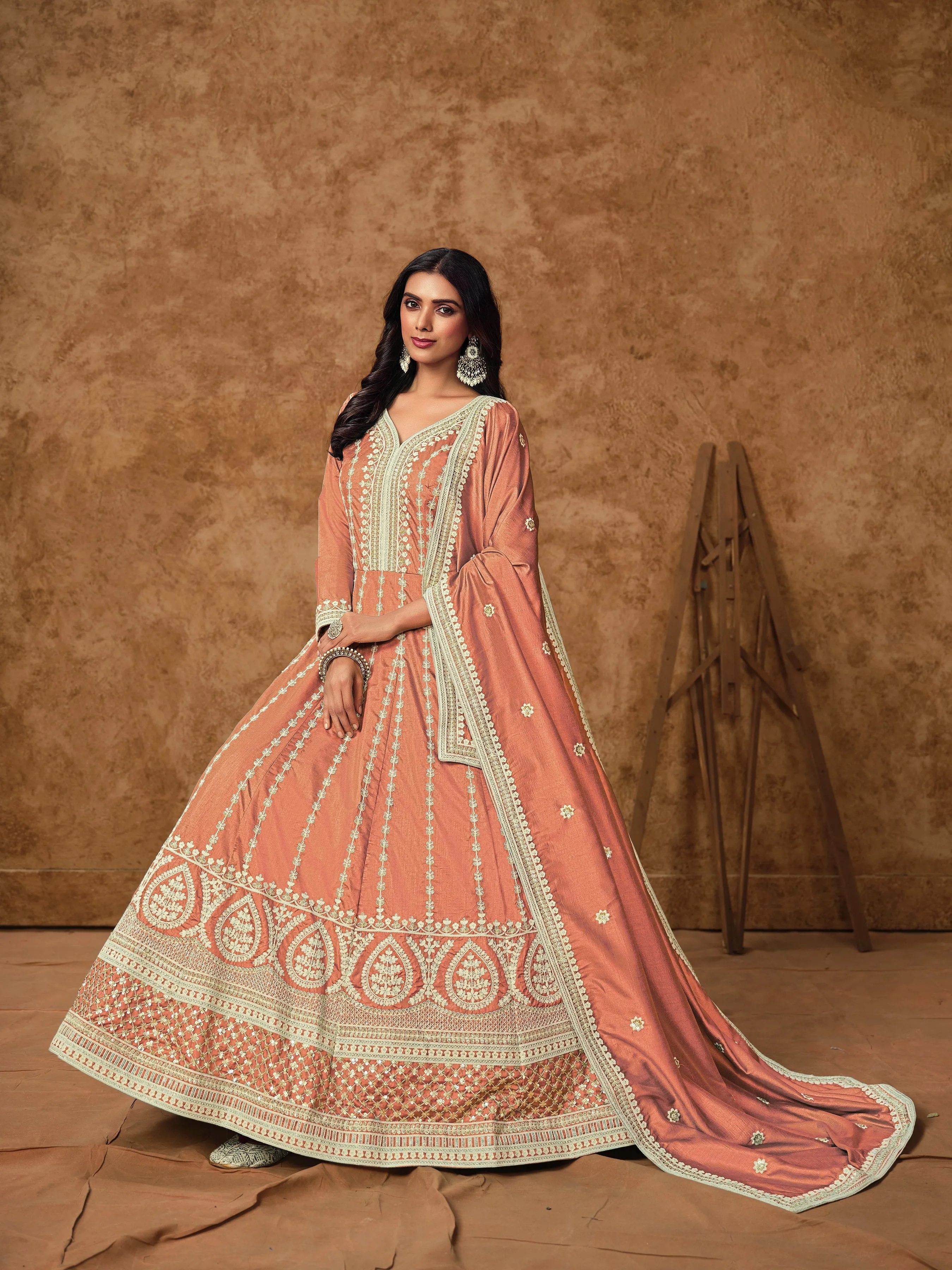 Peach Colour Pure Soft Dolla Silk Long Floor Length Embroidered Work Readymade Gown