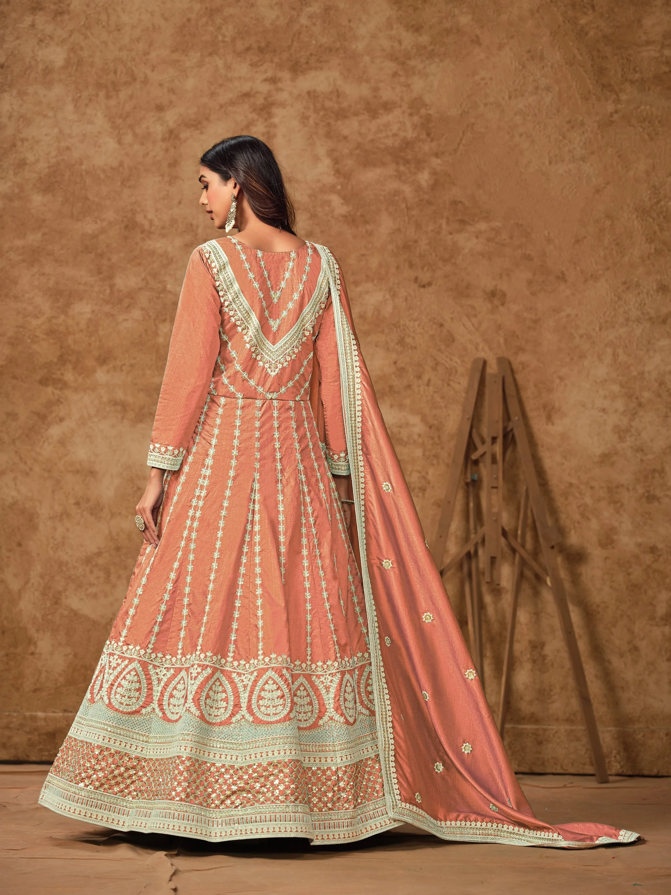Peach Colour Pure Soft Dolla Silk Long Floor Length Embroidered Work Readymade Gown