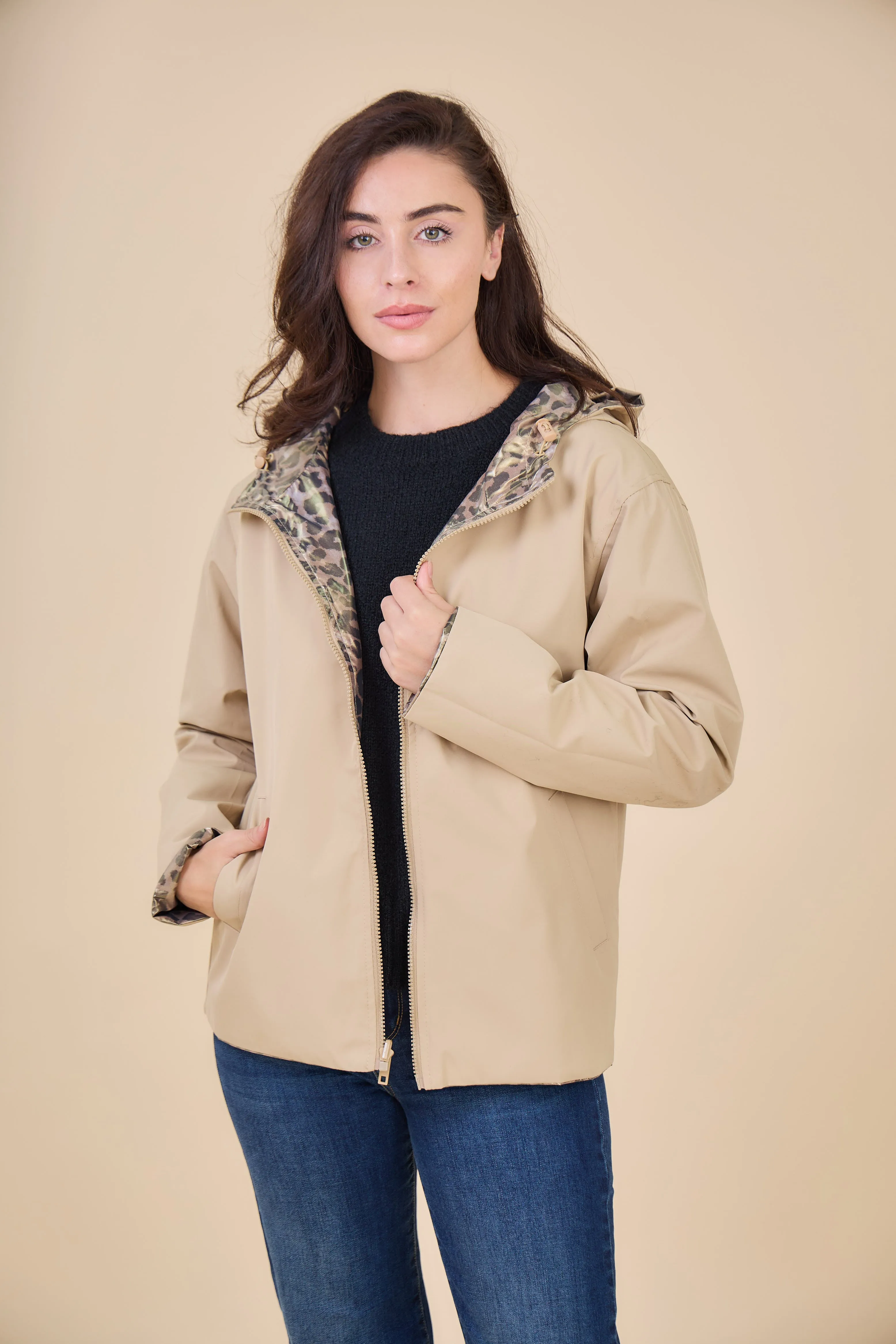 PEARL- Parka Courte  imperméable Réversible léopard métallisé